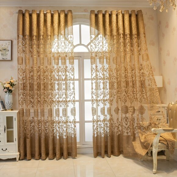 2Panels Vintage Luxe Golden Jacquard Sheer Curtains With Grommet Top - Picture 10 of 12